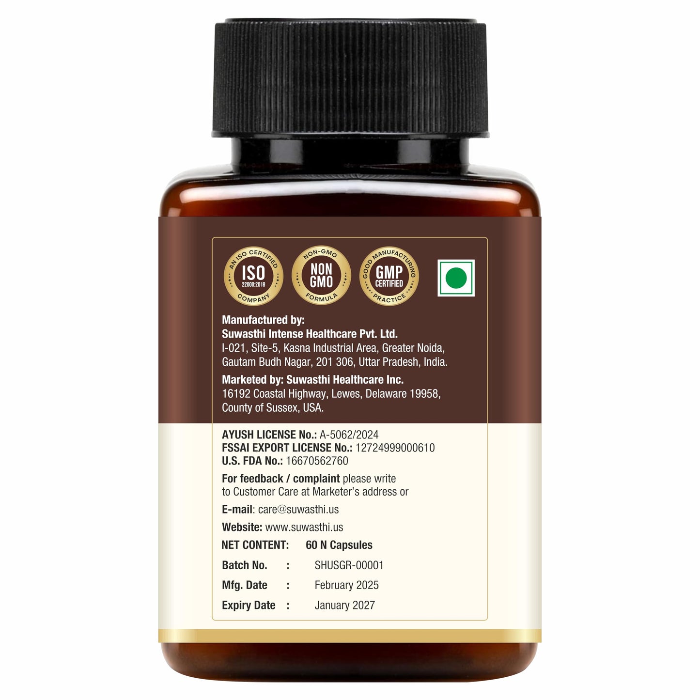 Suwasthi Herbal Supplements for Men & Women, Ayurvedic Blend with Cumin, Spearmint, Asafoetida, Piperine & Ginger for Wellness, 60 Capsules