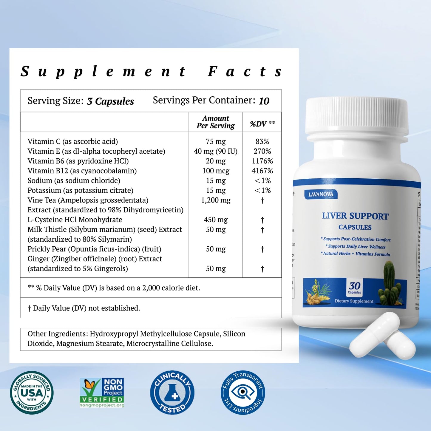 LAVANOVA DHM Pre-Drink & Liver Support Supplement with Dihydromyricetin, Milk Thistle & L-Cysteine, 30 Capsules