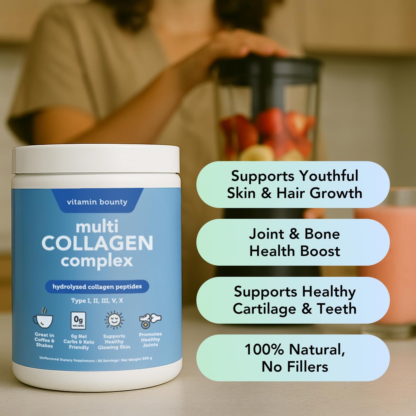 Vitamin Bounty Multi Collagen Complex - Hydrolyzed Collagen Peptides Types I, II, III, V & X Powder, 17.6 oz