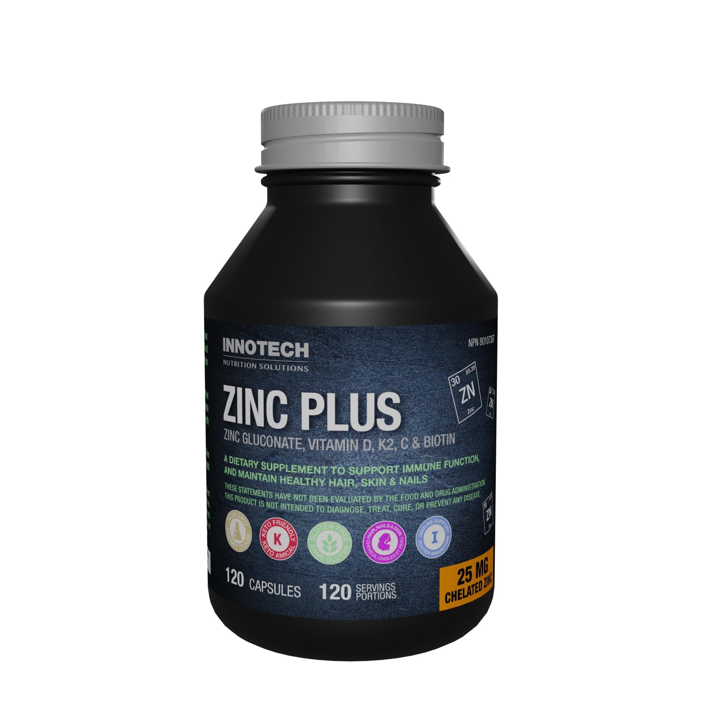 Innotech Nutrition Solutions Zinc Plus Immune Hair Skin & Nails Support Chelated Zinc Vitamin D3 & Biotin Capsules 120
