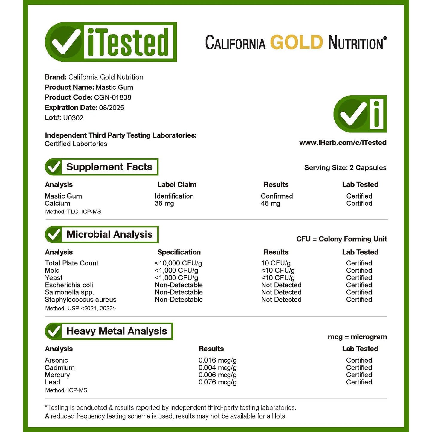 California Gold Nutrition Mastic Gum 500 mg Veggie Capsules, 180 Count