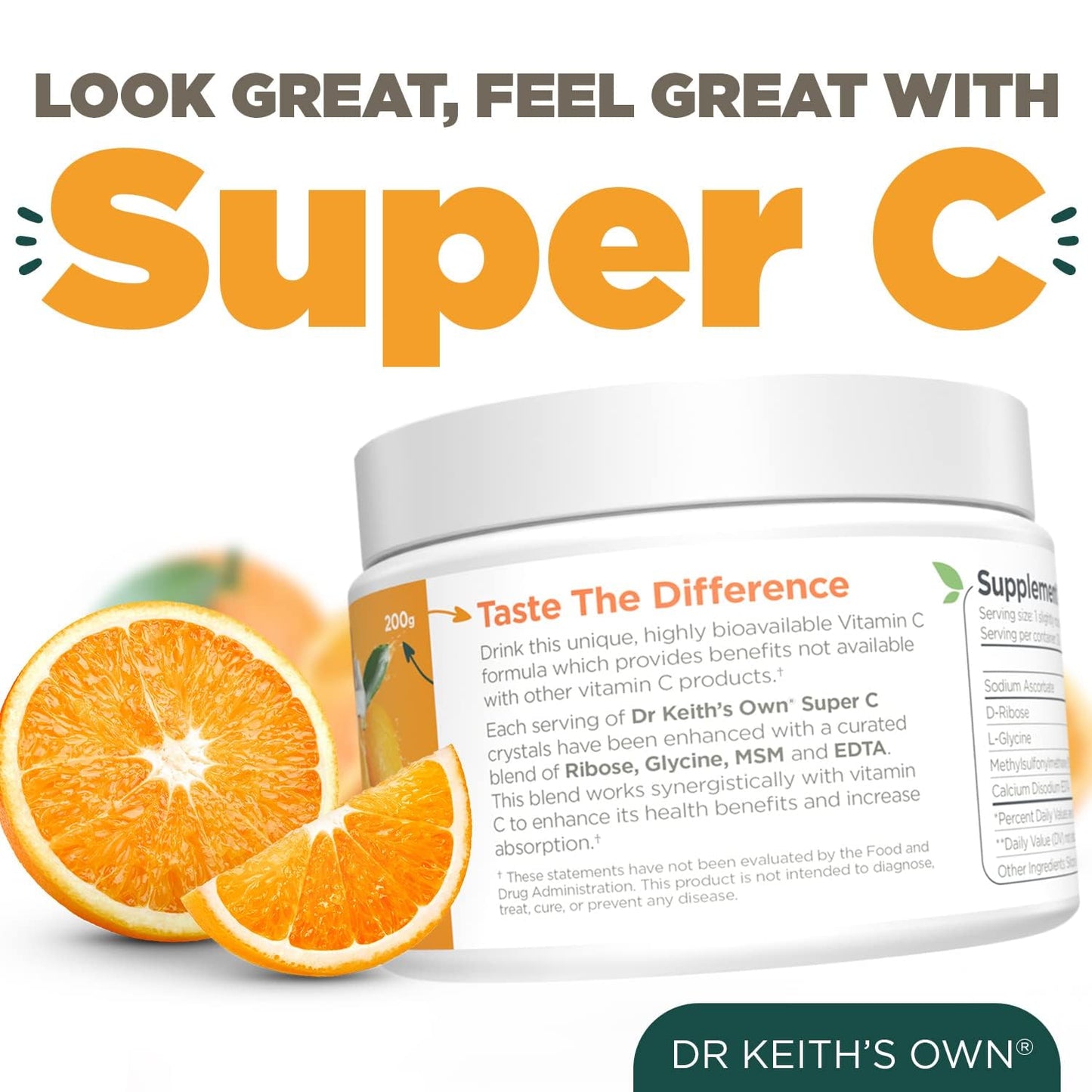 Dr. Keith's Own Buffered Vitamin C Powder 4000mg, Glycine, MSM, 7.0548 oz