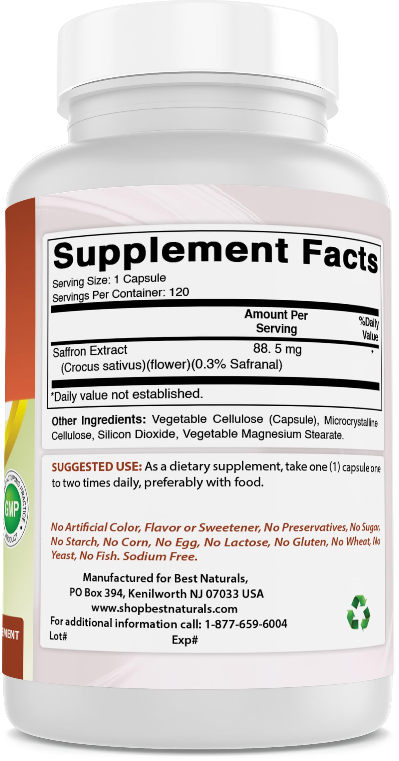Best Naturals Saffron Extract 88.5 mg - 0.3% Safranal Capsules, 120 Count