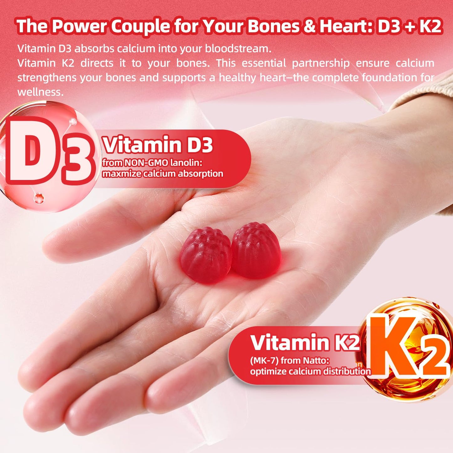 ORGMO Vitamin D3 K2 Gummies Chewable Gummy, 90 Count