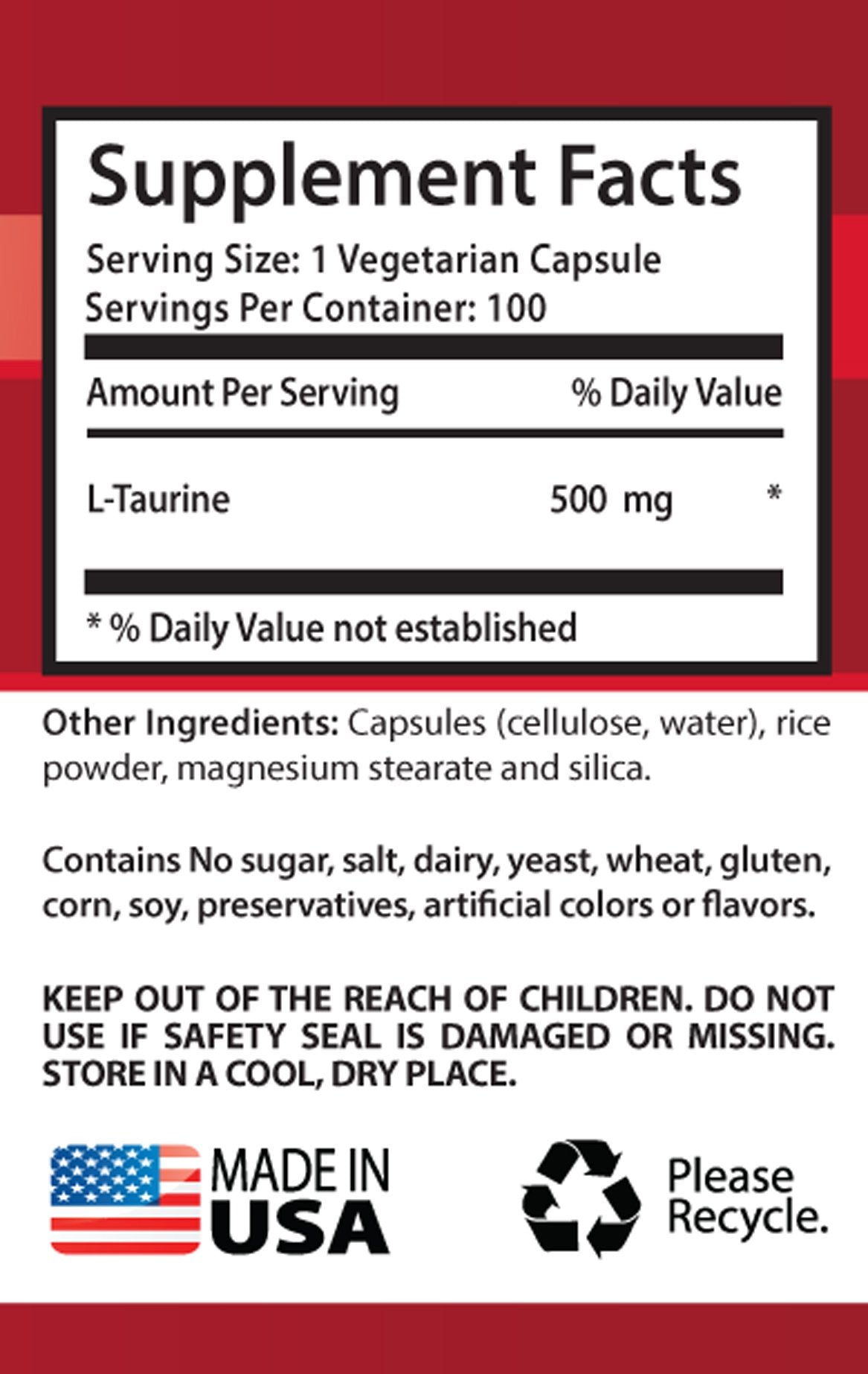 Health Solution Prime L-Taurine 500mg Capsule, 200 Capsules
