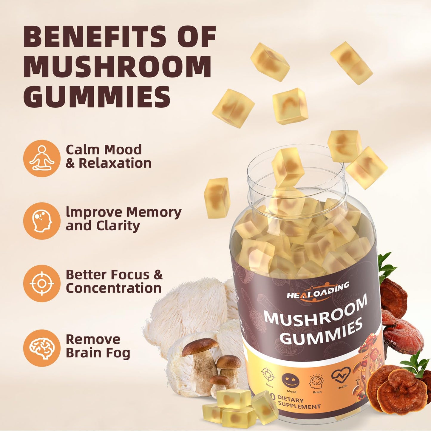 HEALOADING Mushroom Gummies with 10 Functional Mushrooms (Lion's Mane, Reishi, Chaga, Cordyceps & More) for Focus & Energy - Vegan, Non-GMO, 60 Gummies
