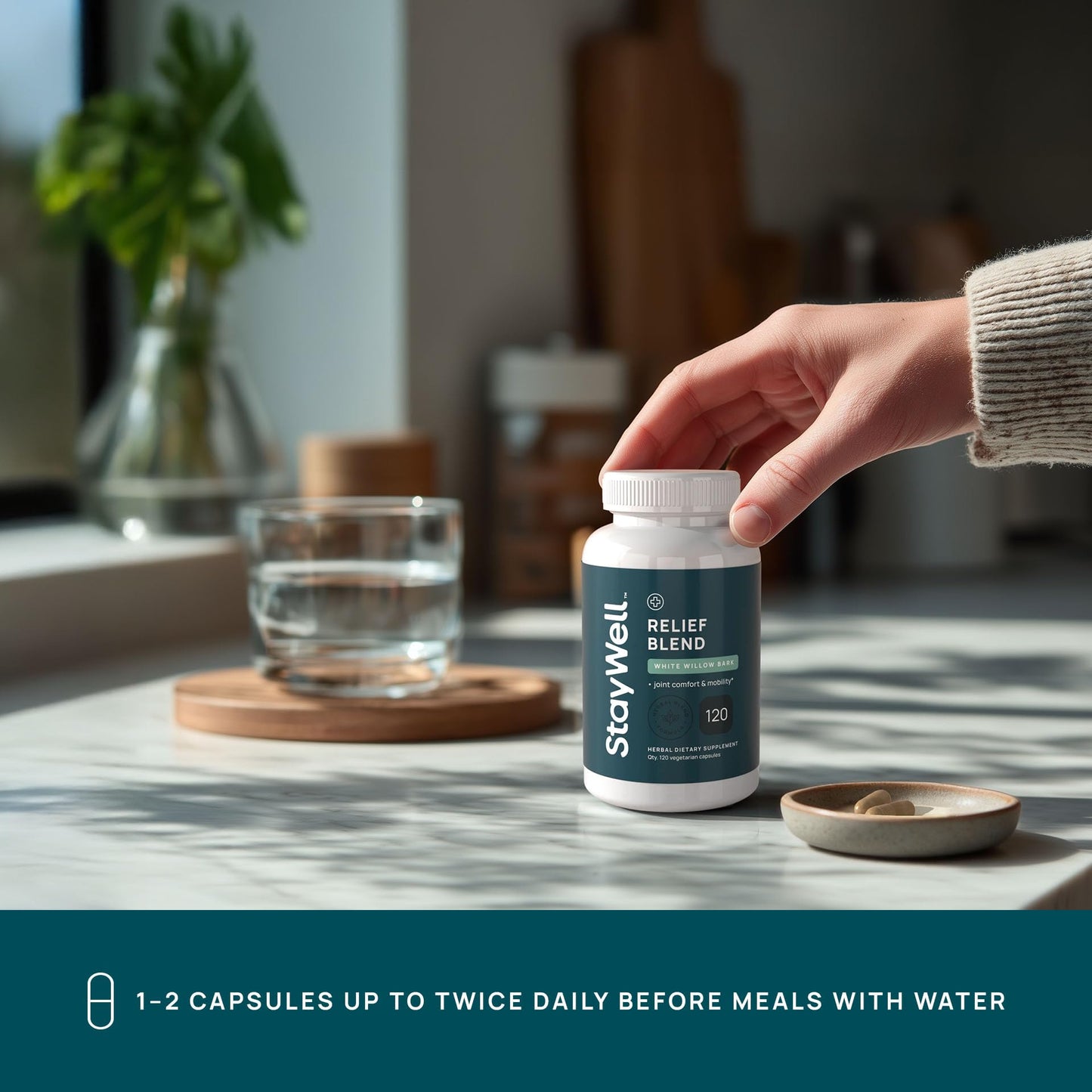Stay-Well Naturals Pain Relief White Willow Bark Extract, Devil's Claw, Turmeric, Boswellia, Bromelain and Ginger Premium Extract Blend Capsules 120