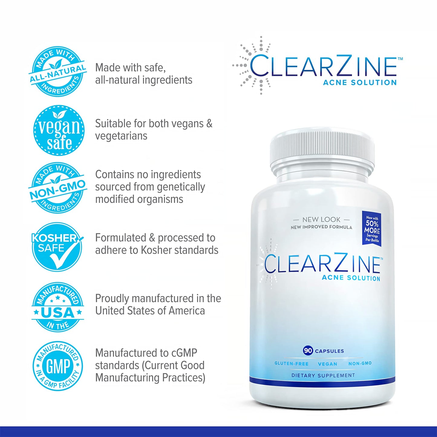 ClearZine Acne Pills for Teens, Adults with Hormonal & Cystic Acne 90 Capsules