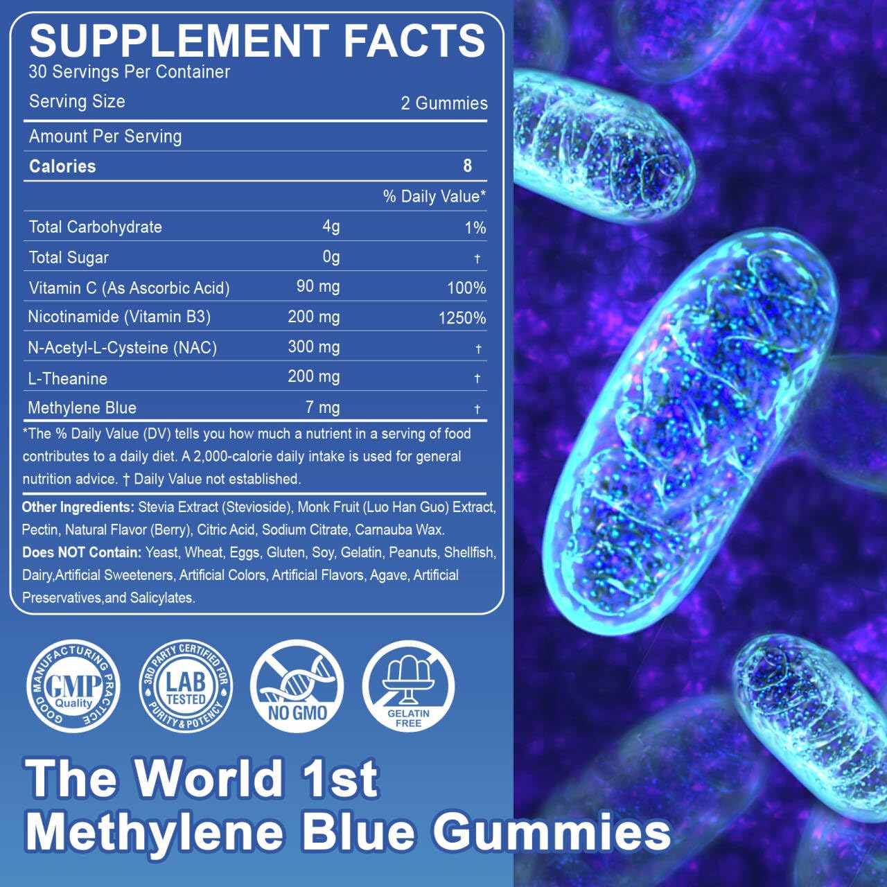 LILICARE Men's Methylene Blue Gummies 7mg with NAC, Vitamin B3 & L-Theanine, Brain & Mitochondrial Support, Sugar Free, 60 Gummies