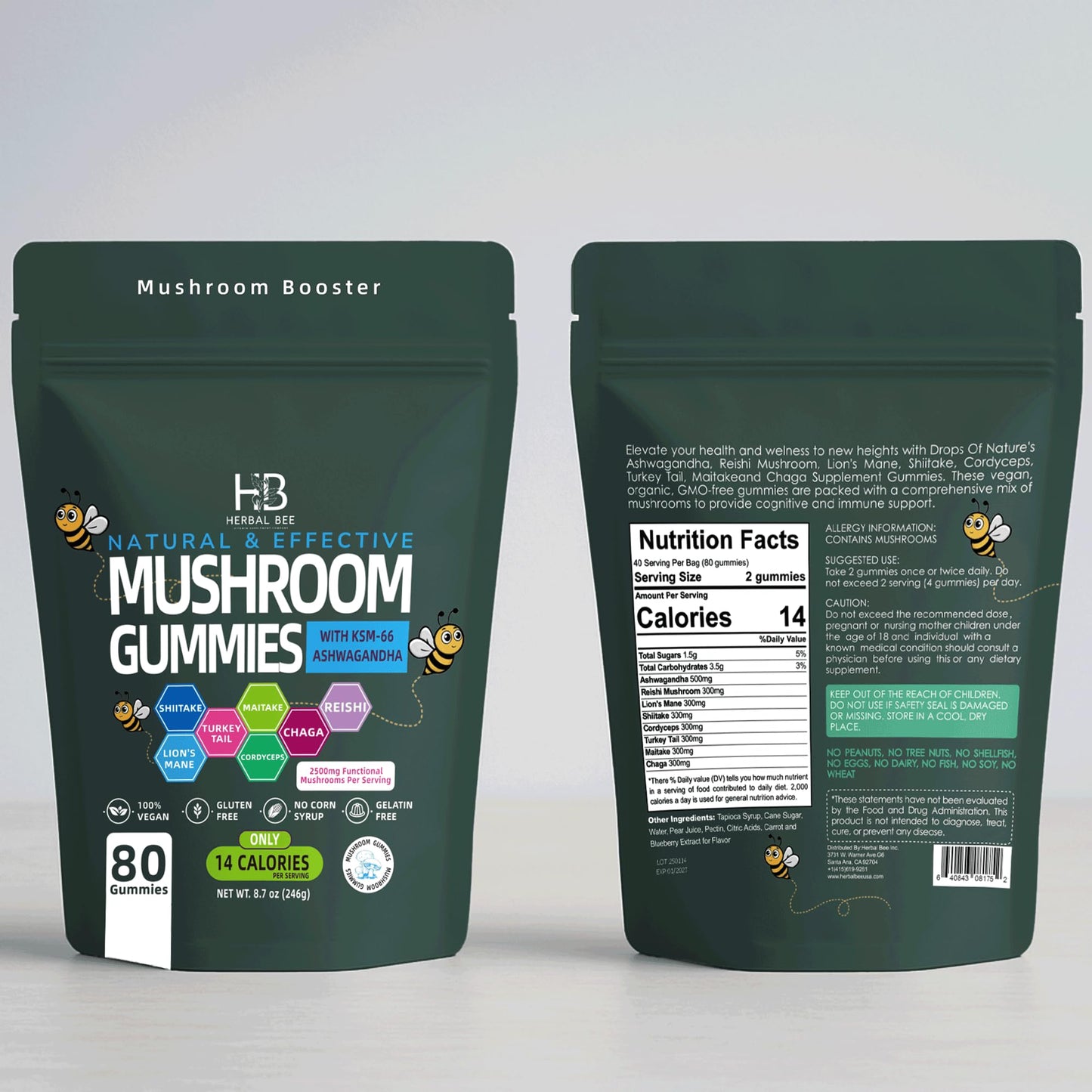 Herbal Bee Organic Ashwagandha & Lions Mane Mushroom Gummies, 80 Gummies