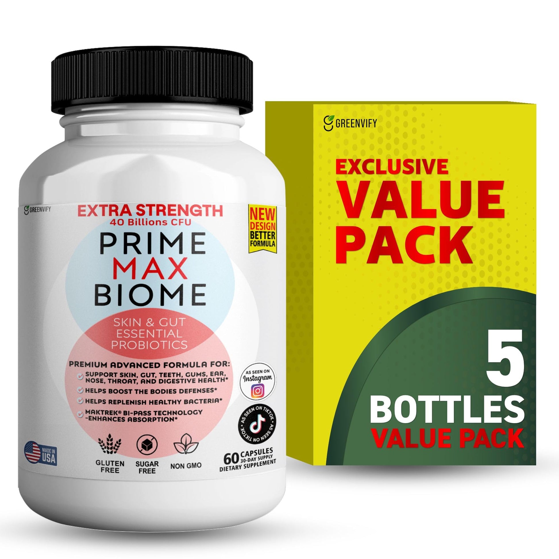 Prime Max Biome Probiotics 40 Billion CFU – Extra Strength Skin & Gut Support with MAKTrek Bi-Pass Technology – 4 Strains + Prebiotics – Non-GMO, Gluten-Free, 300 Capsules