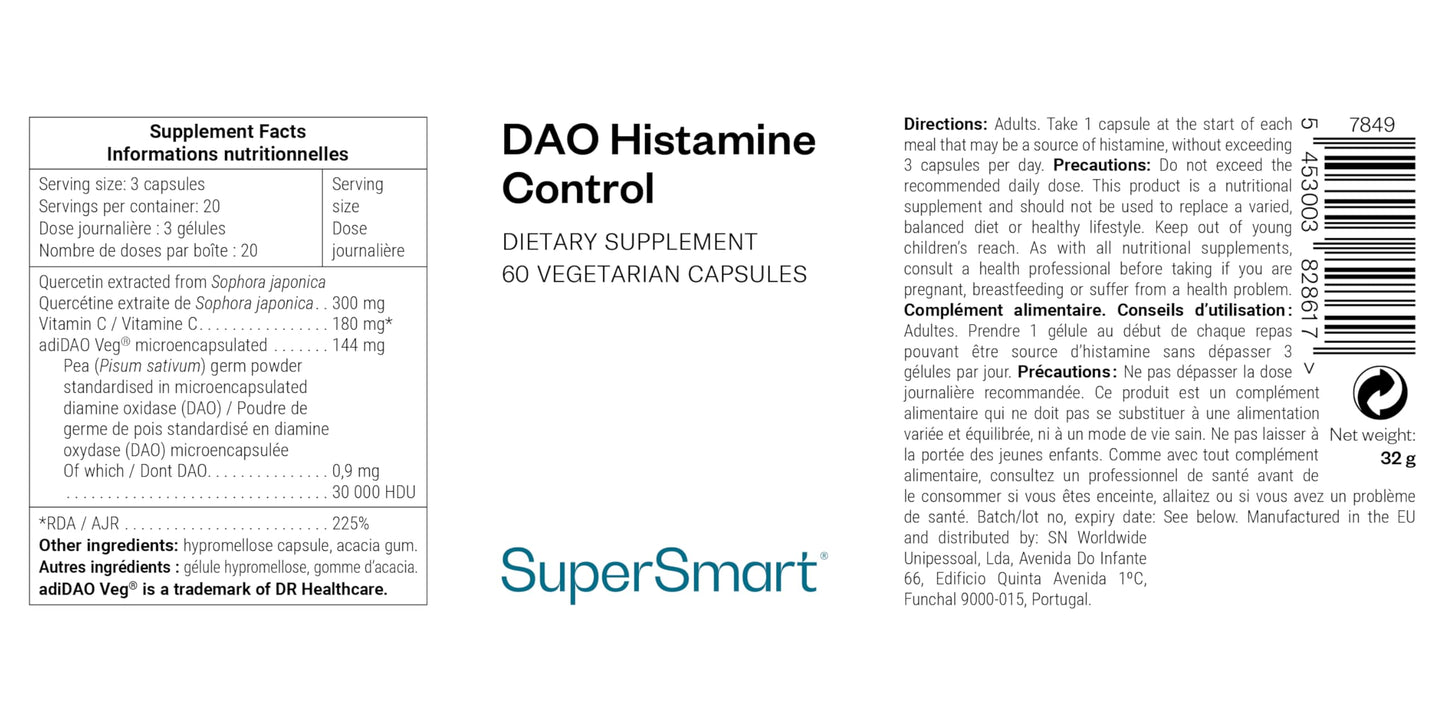 Supersmart DAO Histamine Control (High Potency) Micro-Encapsulated Pea Sprouts DAO Enzyme - Enhanced with Quercetin & Vitamin C - Diamine Oxidase Supplement | Vegan Capsule (1)
