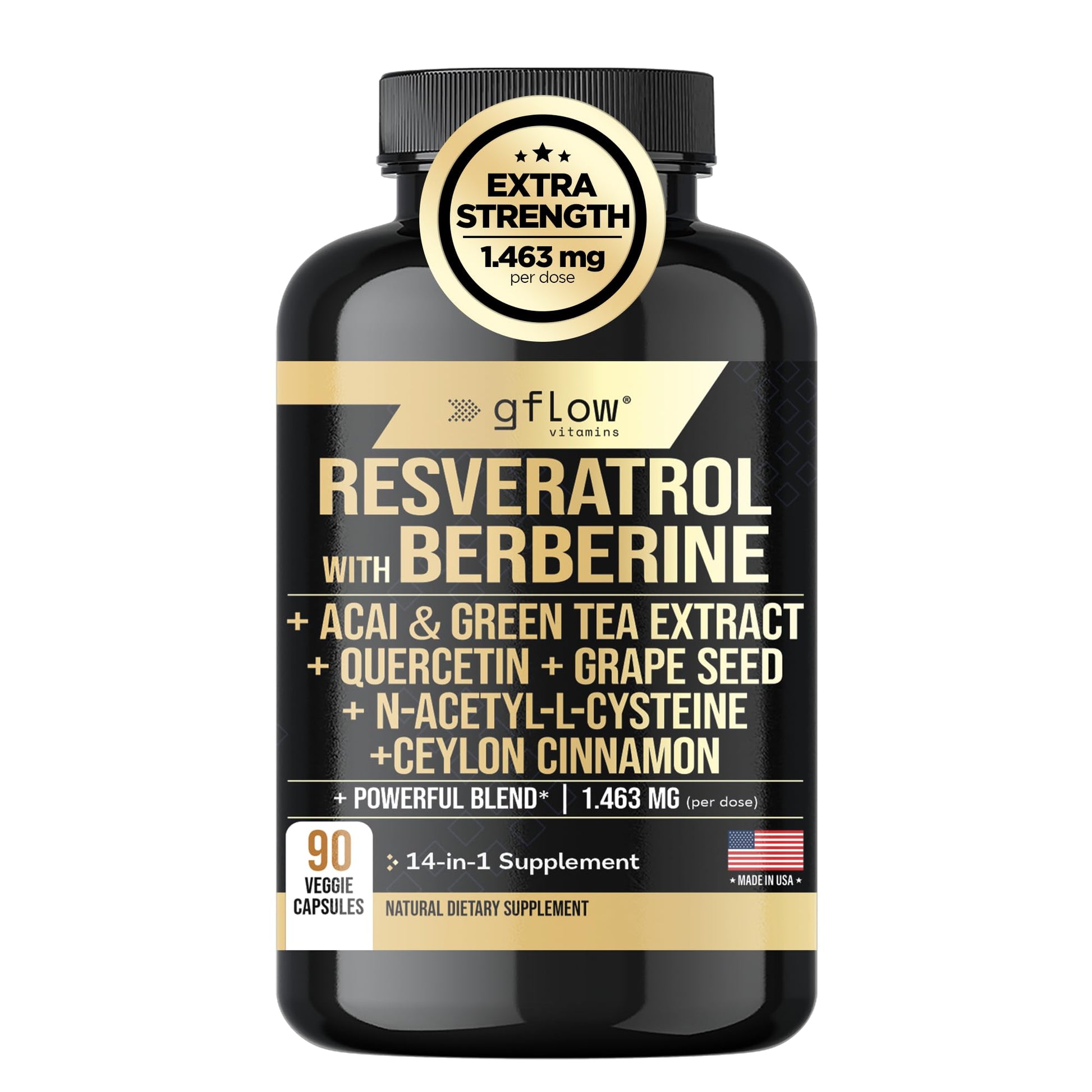 gflow vitamins Resveratrol Supplement with Berberine, Green Tea Extract, Ceylon Cinnamon, Grape Seed & Quercetin 1000mg, N-Acetyl Cysteine, Acai Capsule, 90 Count
