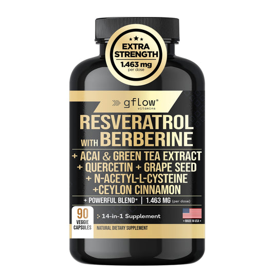 gflow vitamins Resveratrol Supplement with Berberine, Green Tea Extract, Ceylon Cinnamon, Grape Seed & Quercetin 1000mg, N-Acetyl Cysteine, Acai Capsule, 90 Count