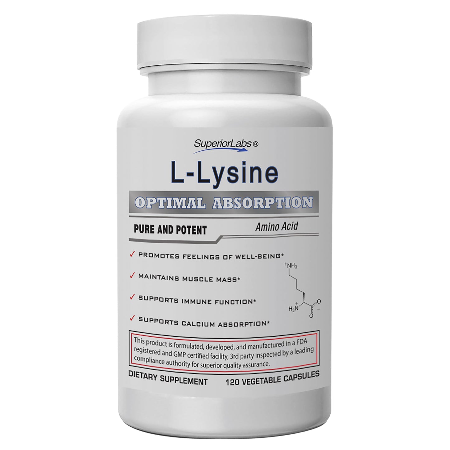 Superior Labs L-Lysine 500 mg Capsules, 120 Count