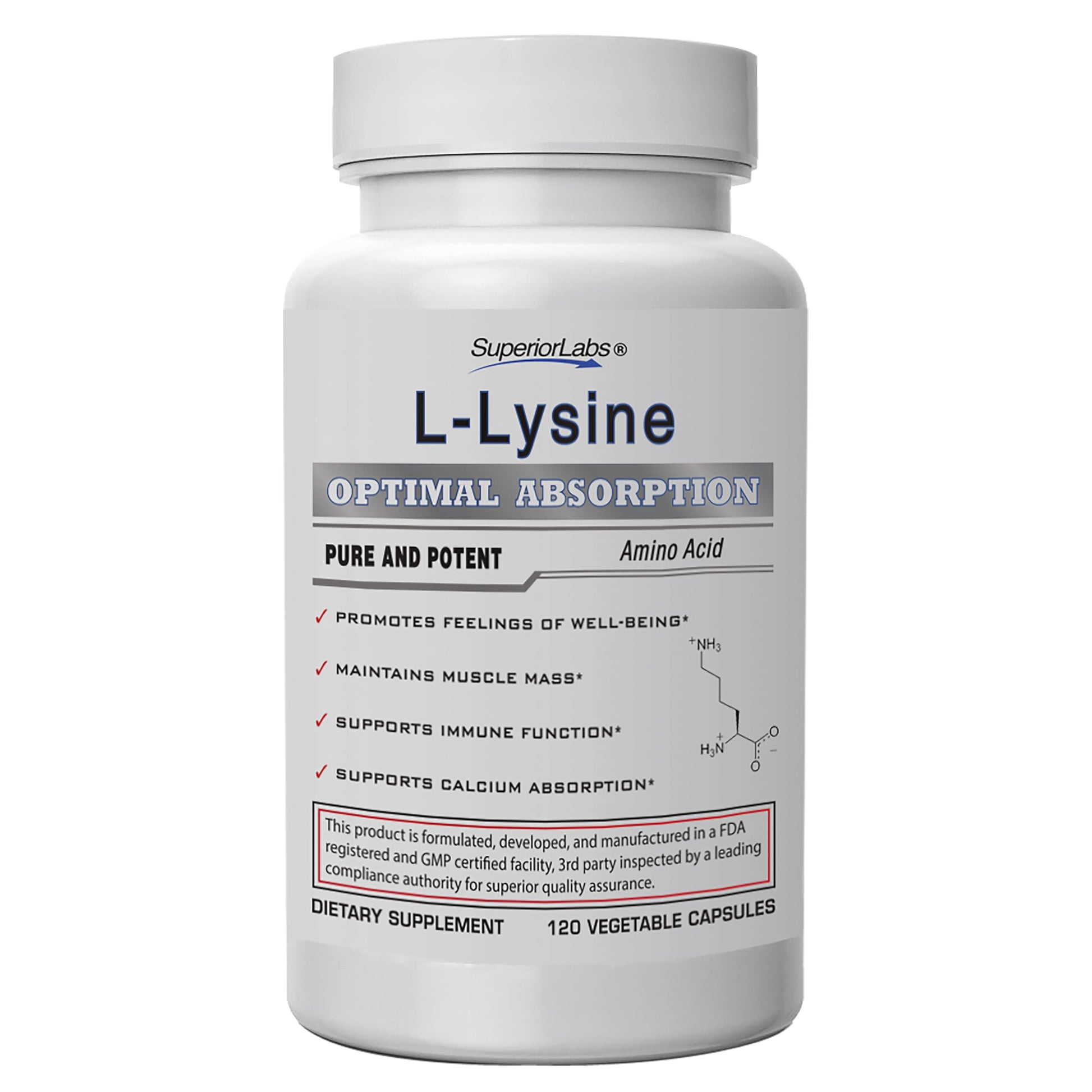 Superior Labs L-Lysine 500 mg Capsules, 120 Count
