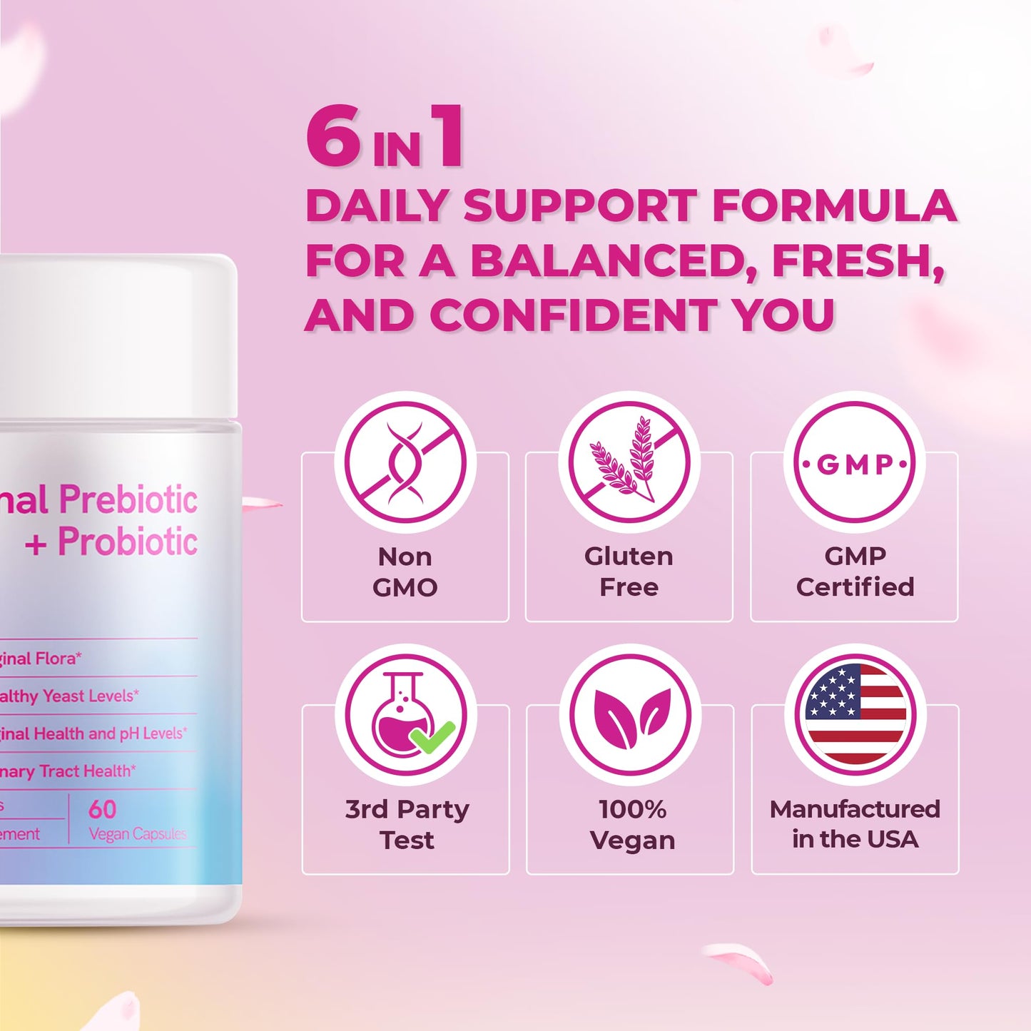 Wellness Nest Vaginal Probiotics for Women Vaginal Health, Prebiotic + Probiotic, 15 Billion CFUs, 60 Capsules