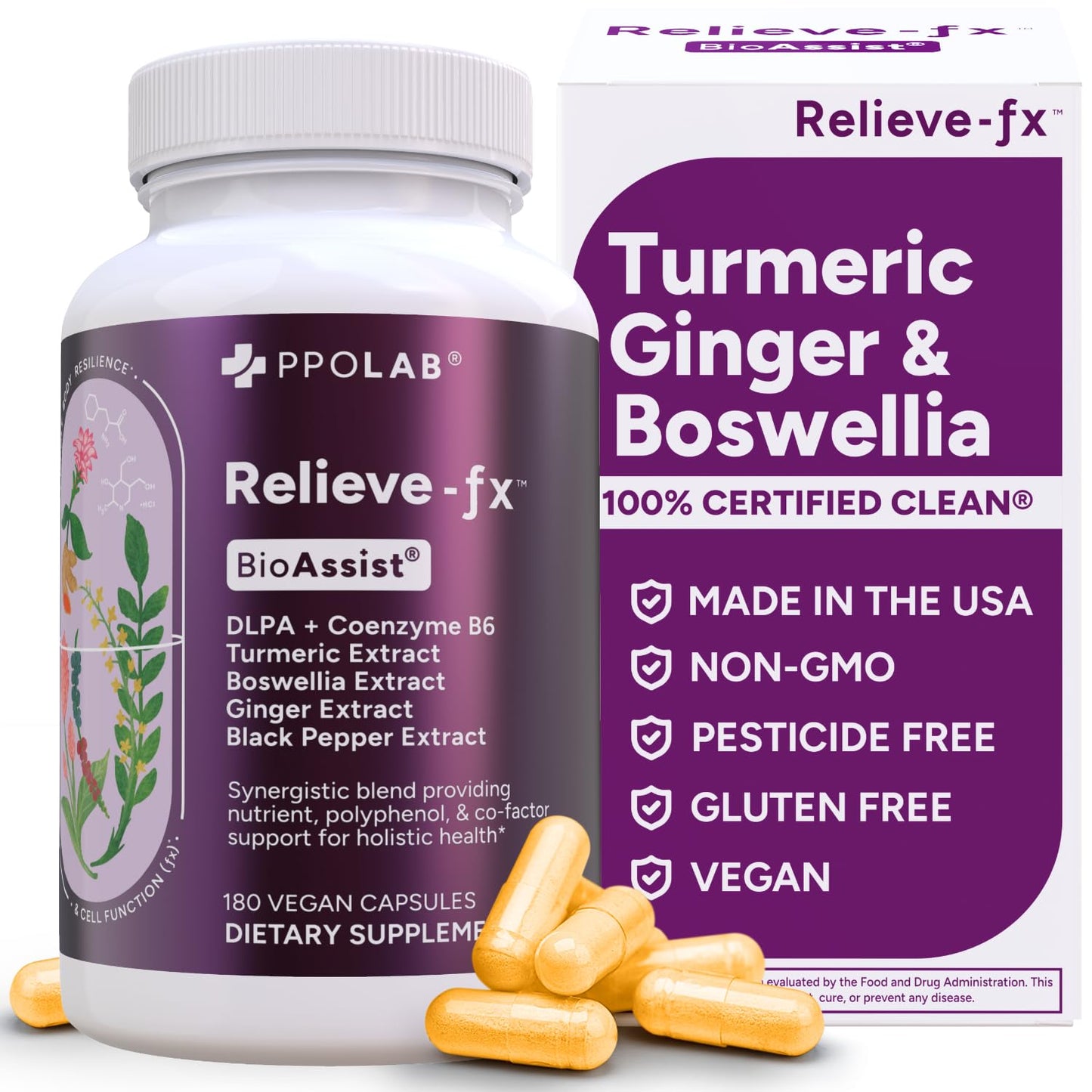 PPO Lab Relieve-fx DLPA Boswellia Turmeric Ginger Supplement Capsules, 180 Count