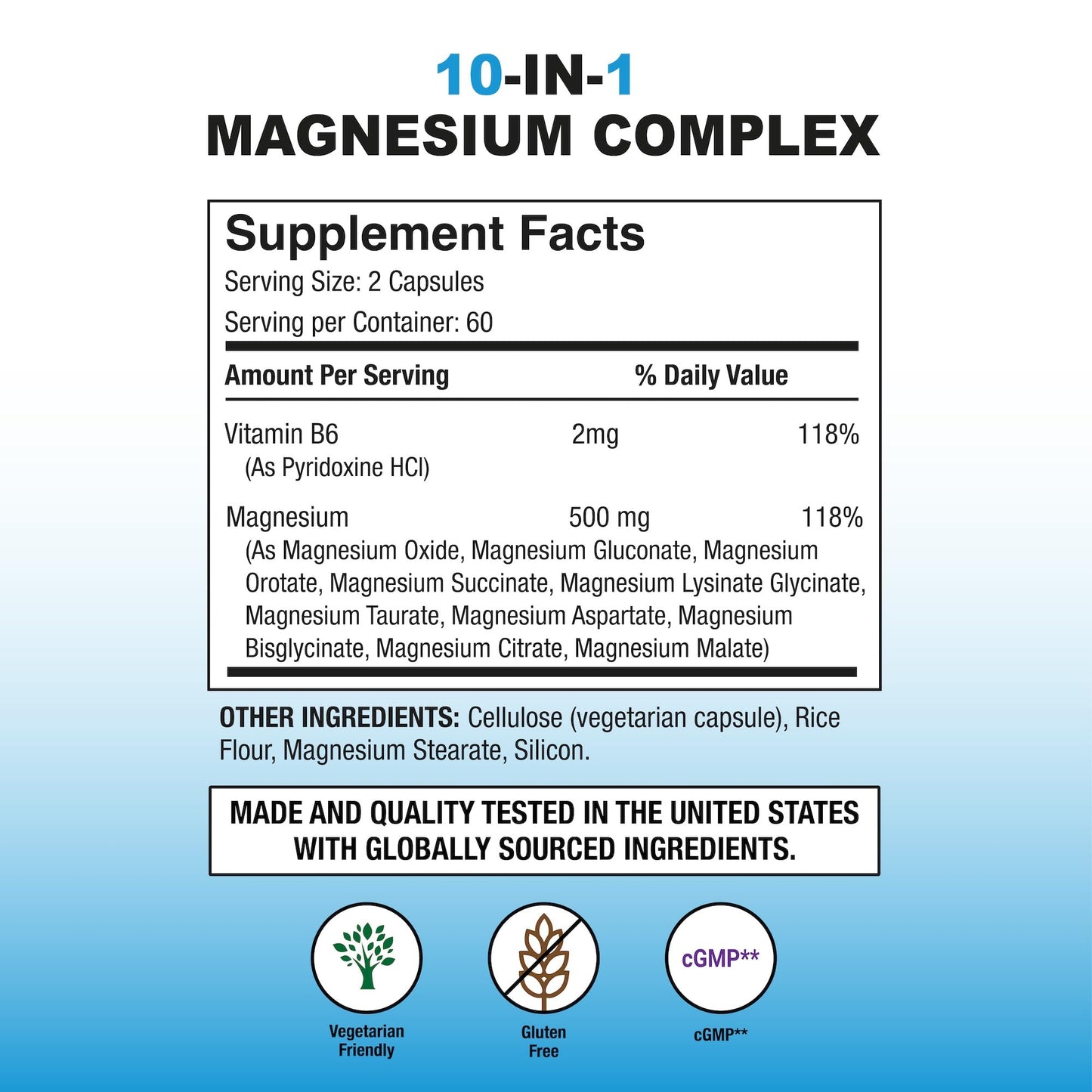 P Puregen Labs 10 in 1 Magnesium Complex 500mg with B6 Capsule, 120 Veggie Capsules