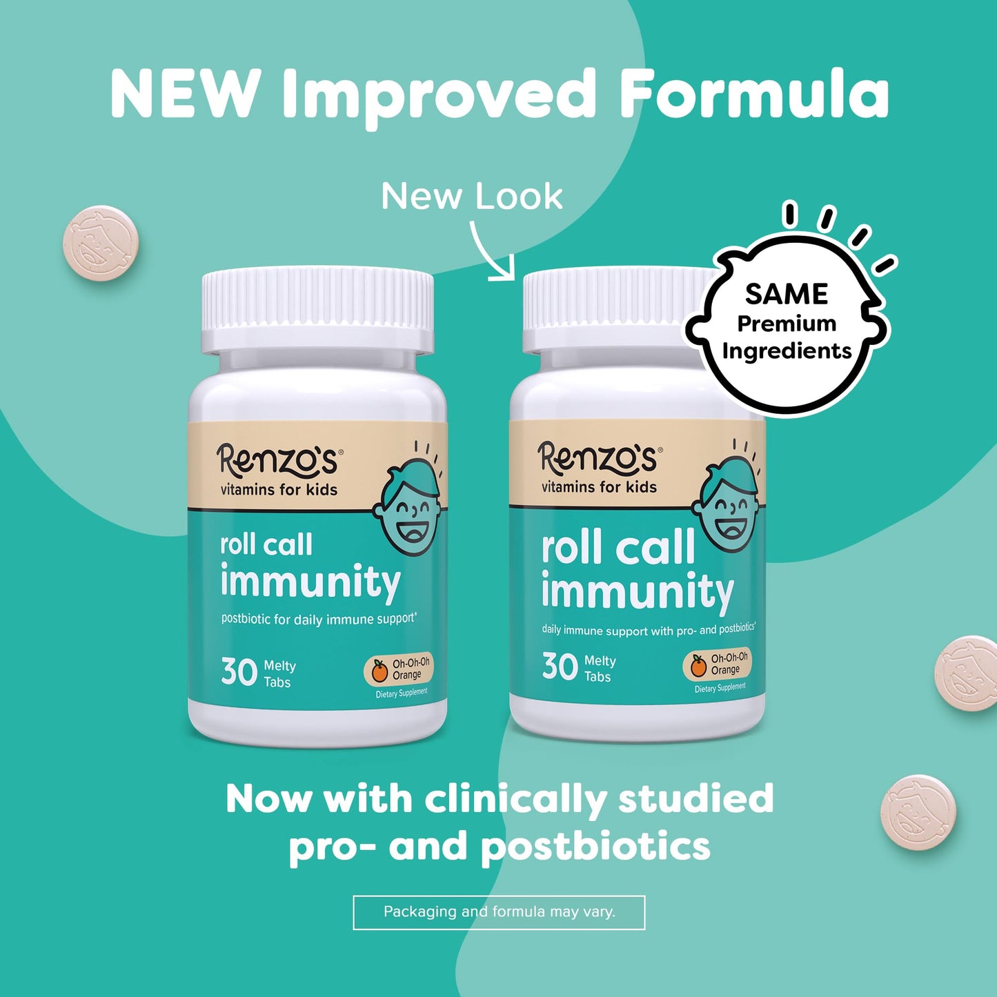 Renzo's Roll Call Immunity Dissolvable Kids Immune Support Supplement with IMMUSE Postbiotic, Sugar-Free Kids Vitamins, 30 Tablets