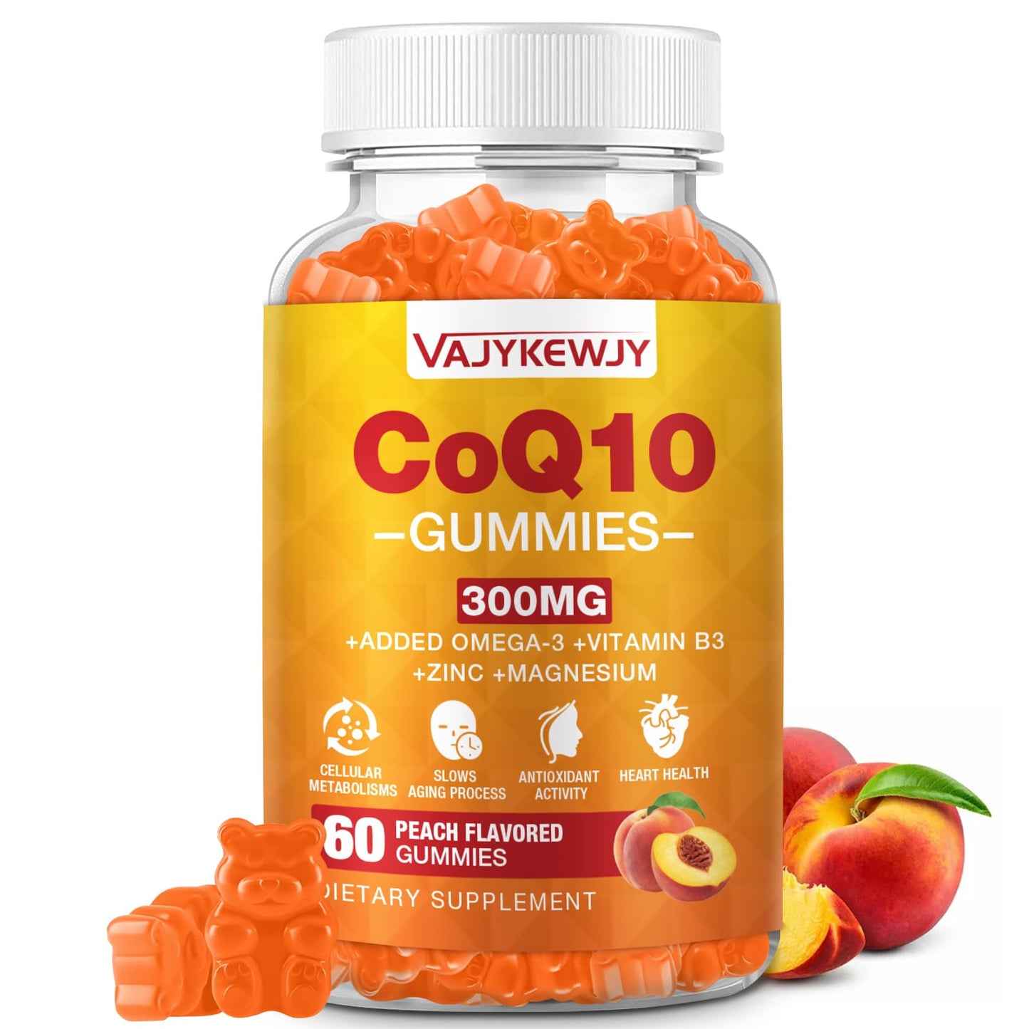 VAJYKEWJY CoQ10 Gummies 3000 mg, Sugar-Free, Plus Omega-3, Vitamin B3 & Zinc, Vegan, 60 Count
