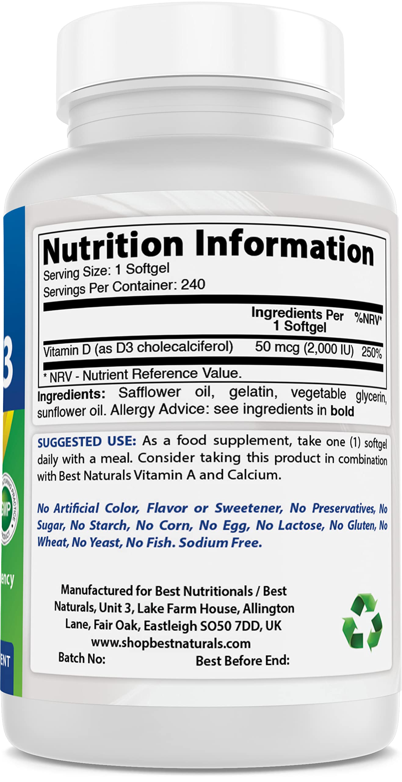 Best Naturals Vitamin D3 2000 IU Softgels, 240