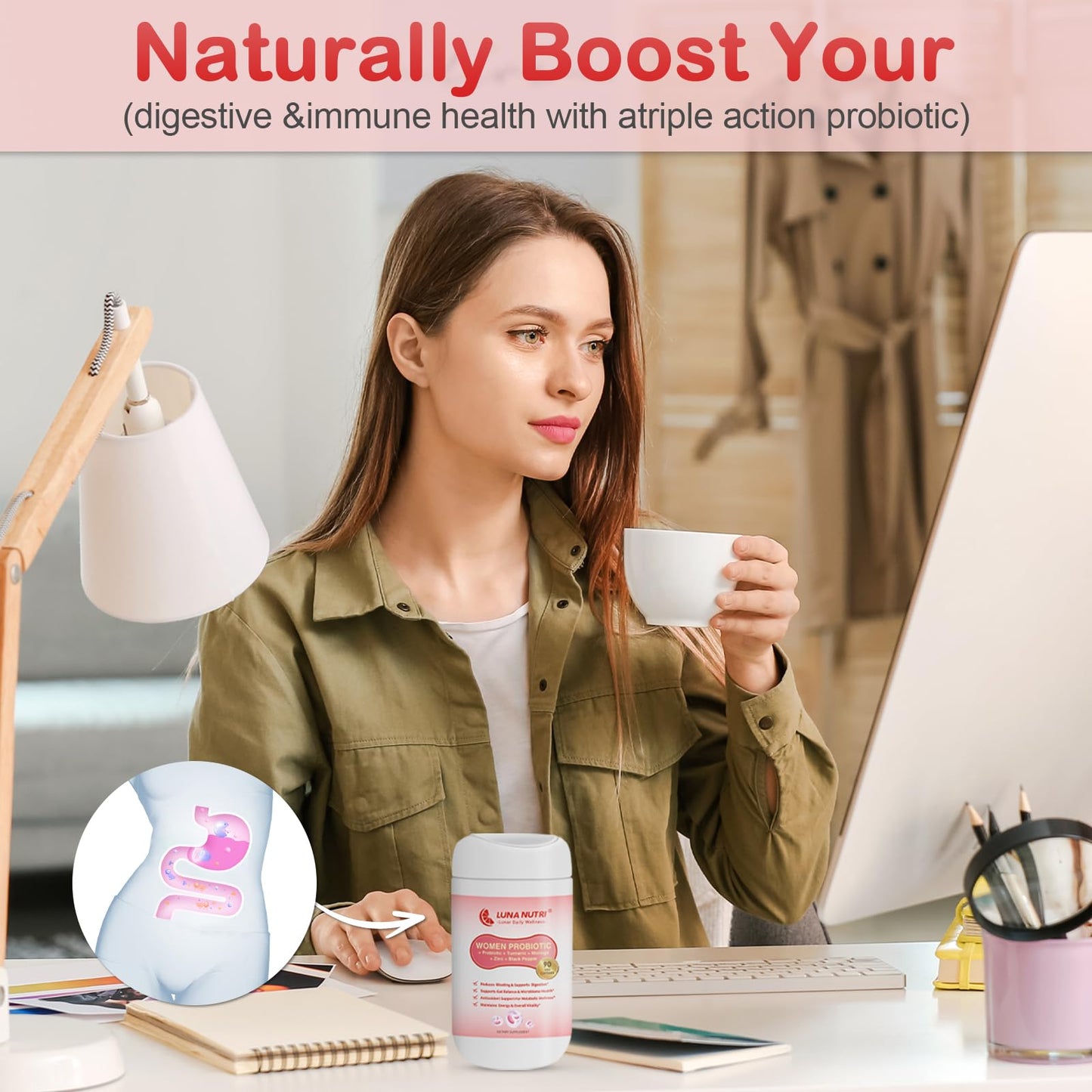 LUNANUTRI Women Probiotic Capsule, 180 Billion CFU, 18 Strains, with Prebiotics, Turmeric, Zinc, Black Pepper & Multi-Enzymes, Digestive & Immune Support, Metabolic Wellness, 1 Count