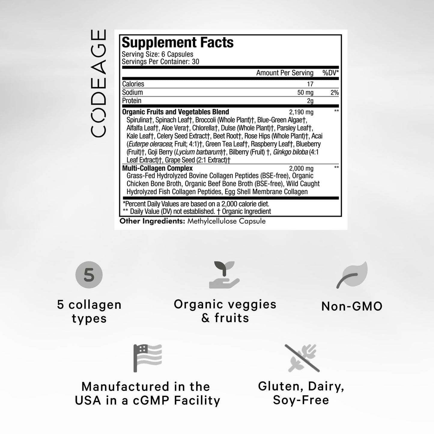 Codeage Multi Collagen Protein + Organic Raw Greens Superfood Capsules, 180 Count