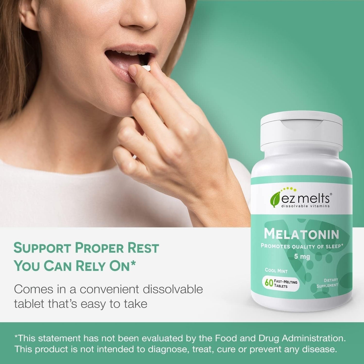EZ Melts Melatonin Sleep Support Supplement Cool Mint Tablets 120 Tablets