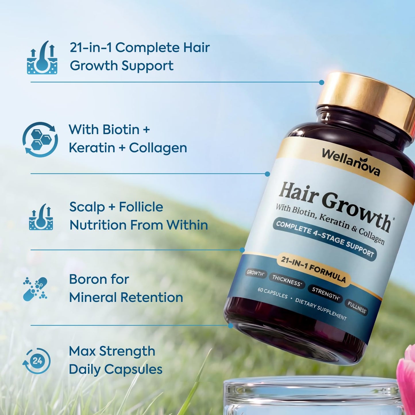 Wellanova Women's Hair Growth Supplement Biotin 10,000mcg – 21-in-1 Hair Vitamins Capsules, 60 Count