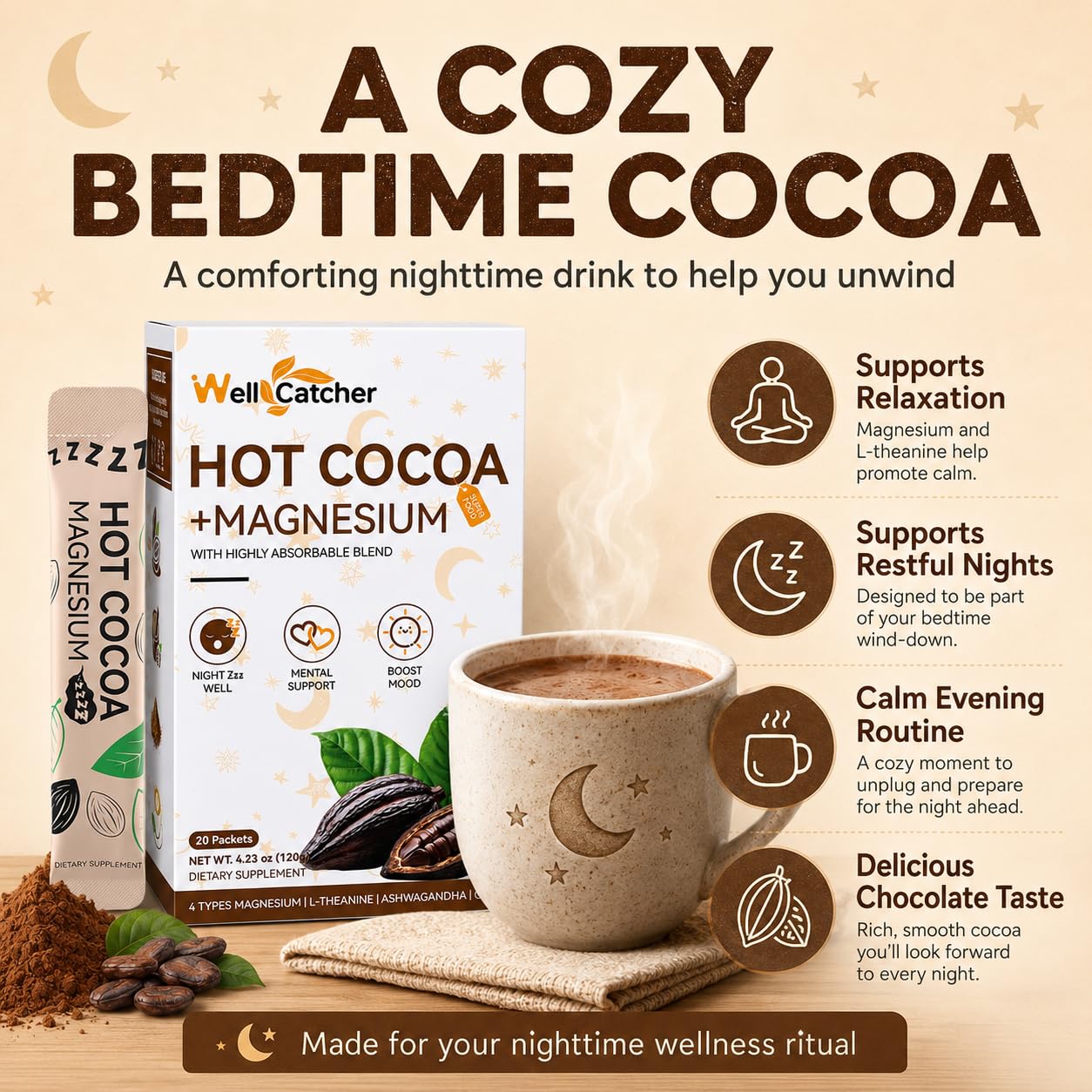 Wellcatcher Nighttime Sleep Hot Cocoa with Magnesium Powder, 4.23 oz
