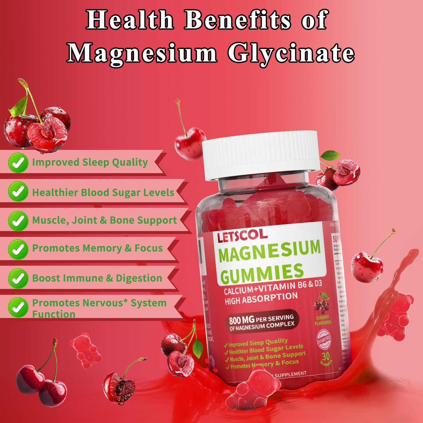 LETSCOL Magnesium Glycinate Gummies 30 Count