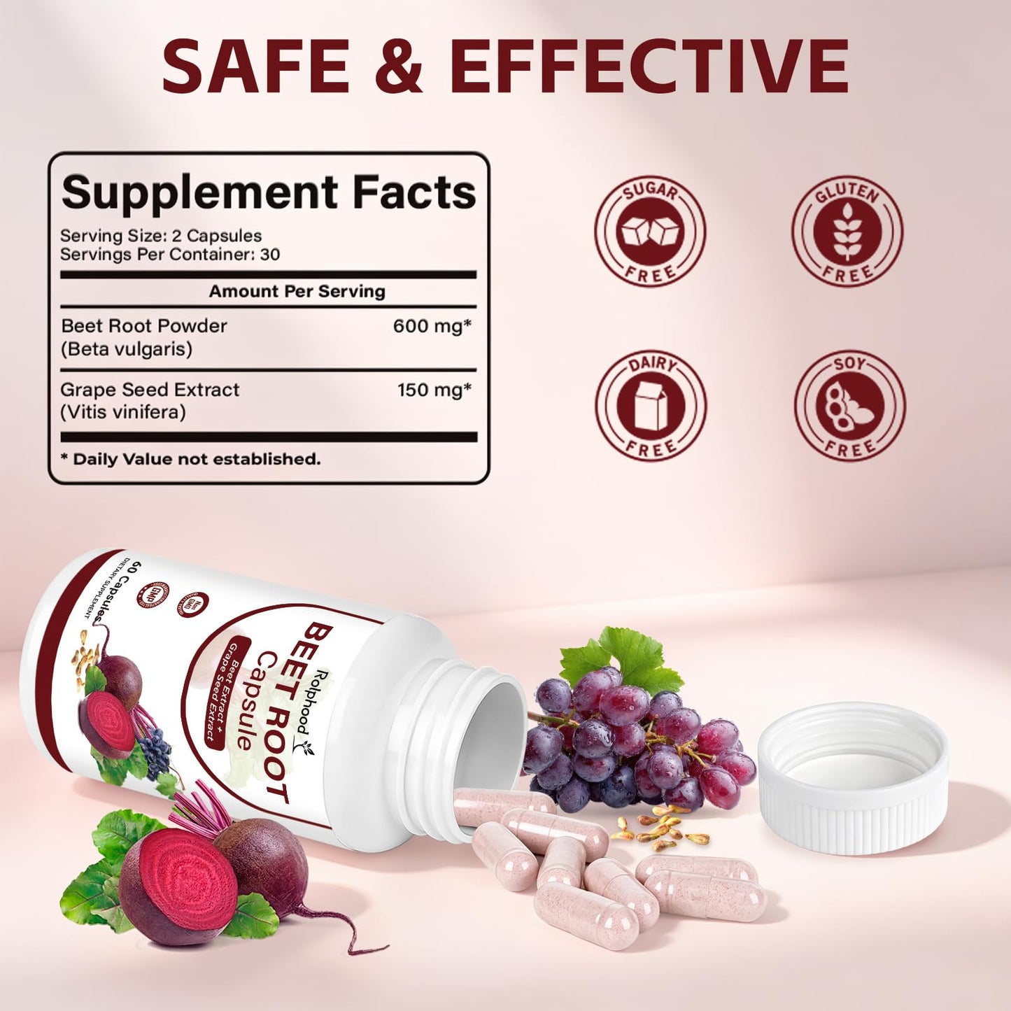 Rolphood 2 in 1 Organic Beet Root + Grape Seed Extract Capsules, 60 Count
