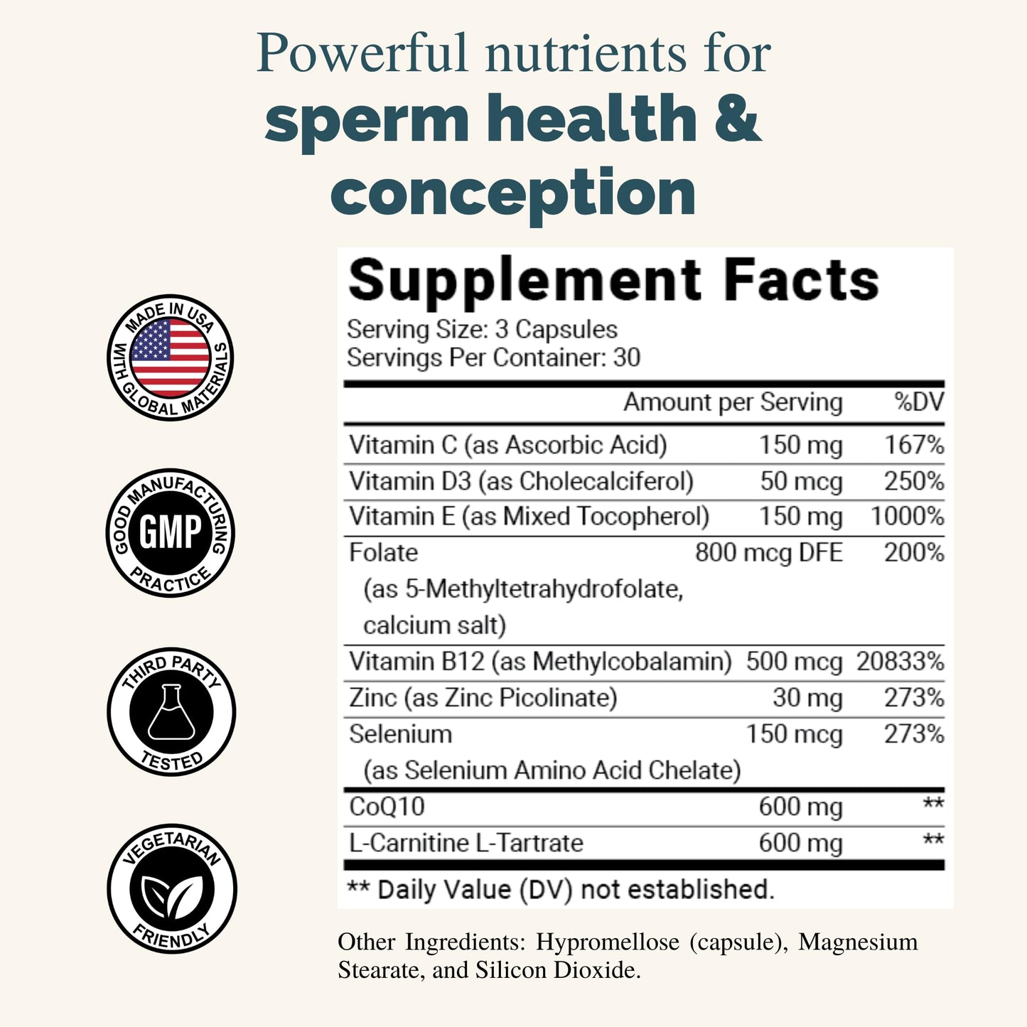 Vital Seed Fertility Support for Men - Sperm Health Prenatal with CoQ10, Zinc, Folate, L-Carnitine & More, 90 Capsules