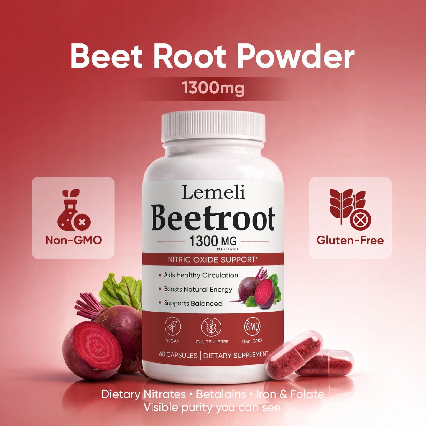 Kunnozz Lemeli Beetroot Capsules 1300 mg Beet Root Powder Blend Per Serving, Vegan Non-GMO Gluten Free, 60 Capsules
