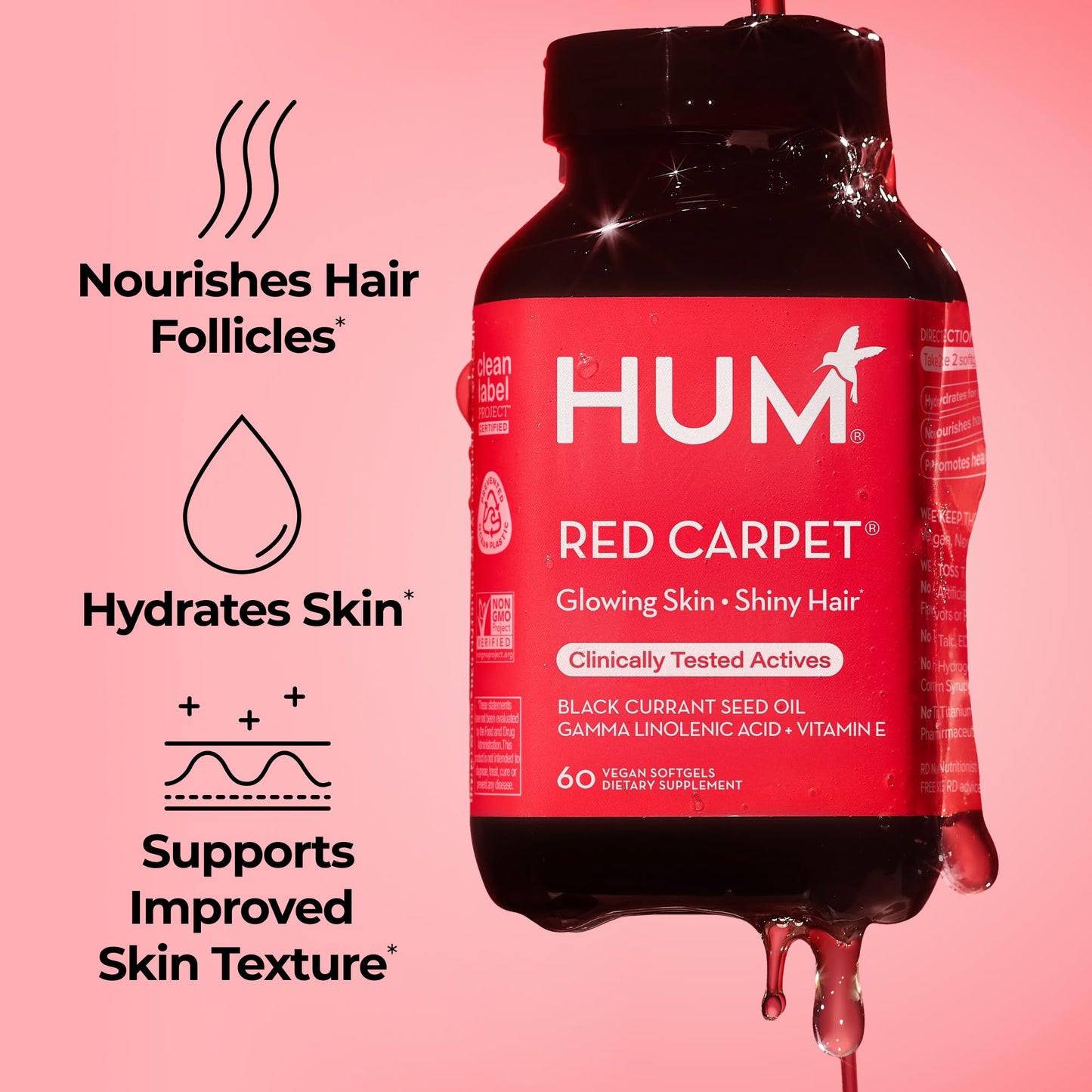 HUM Red Carpet Skin & Hair Supplement Omega 3 Black Currant Oil Capsule, 60 Count