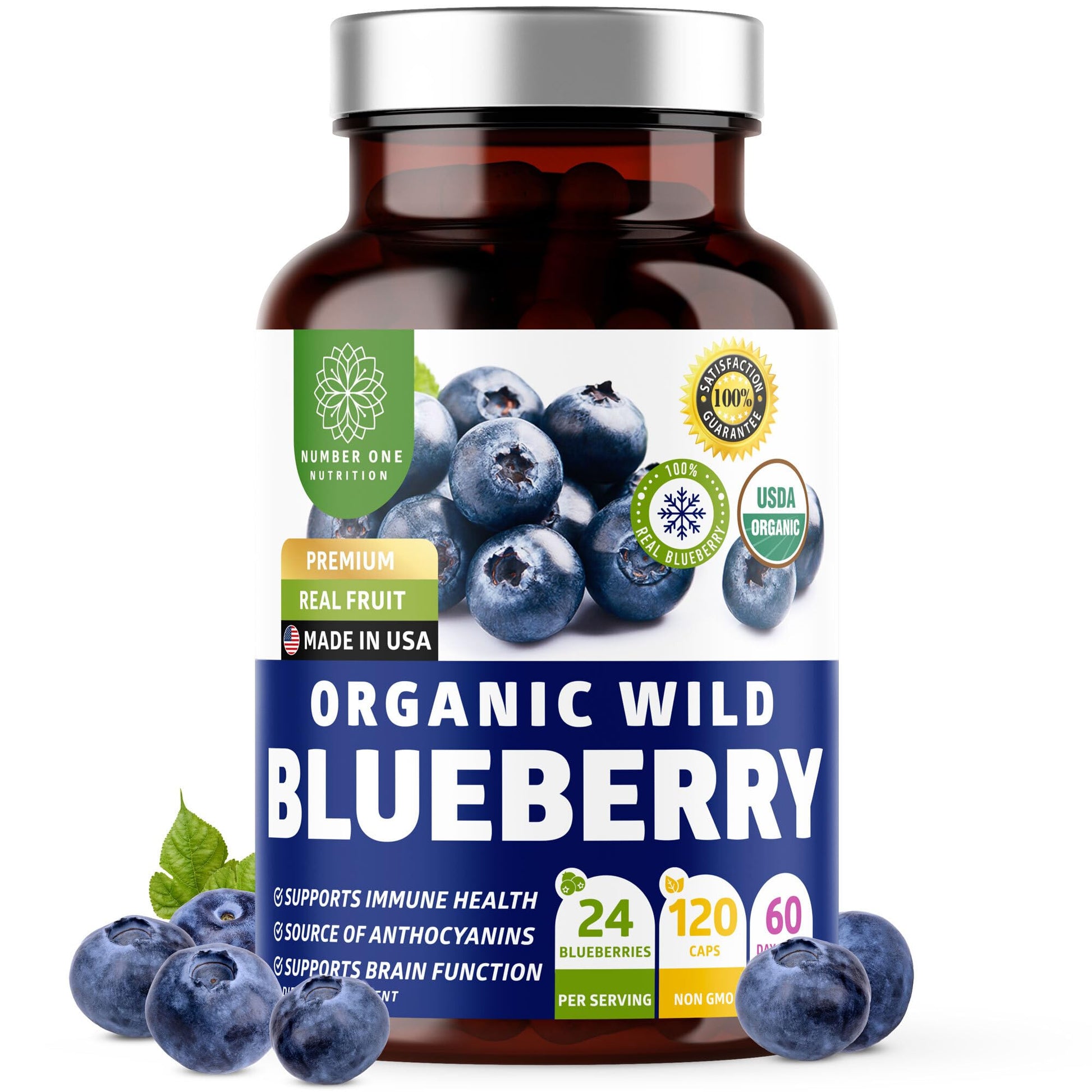 Number One Nutrition Organic Wild Blueberry Extract 1000mg Brain and Immune Support, Non-GMO, 120 Capsules