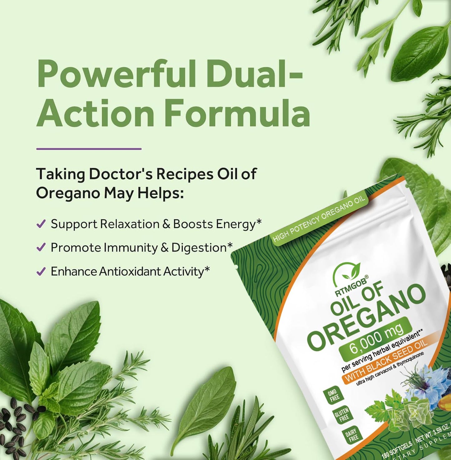 RTMGOB Oil of Oregano Softgels with Black Seed Oil, 180 Softgels