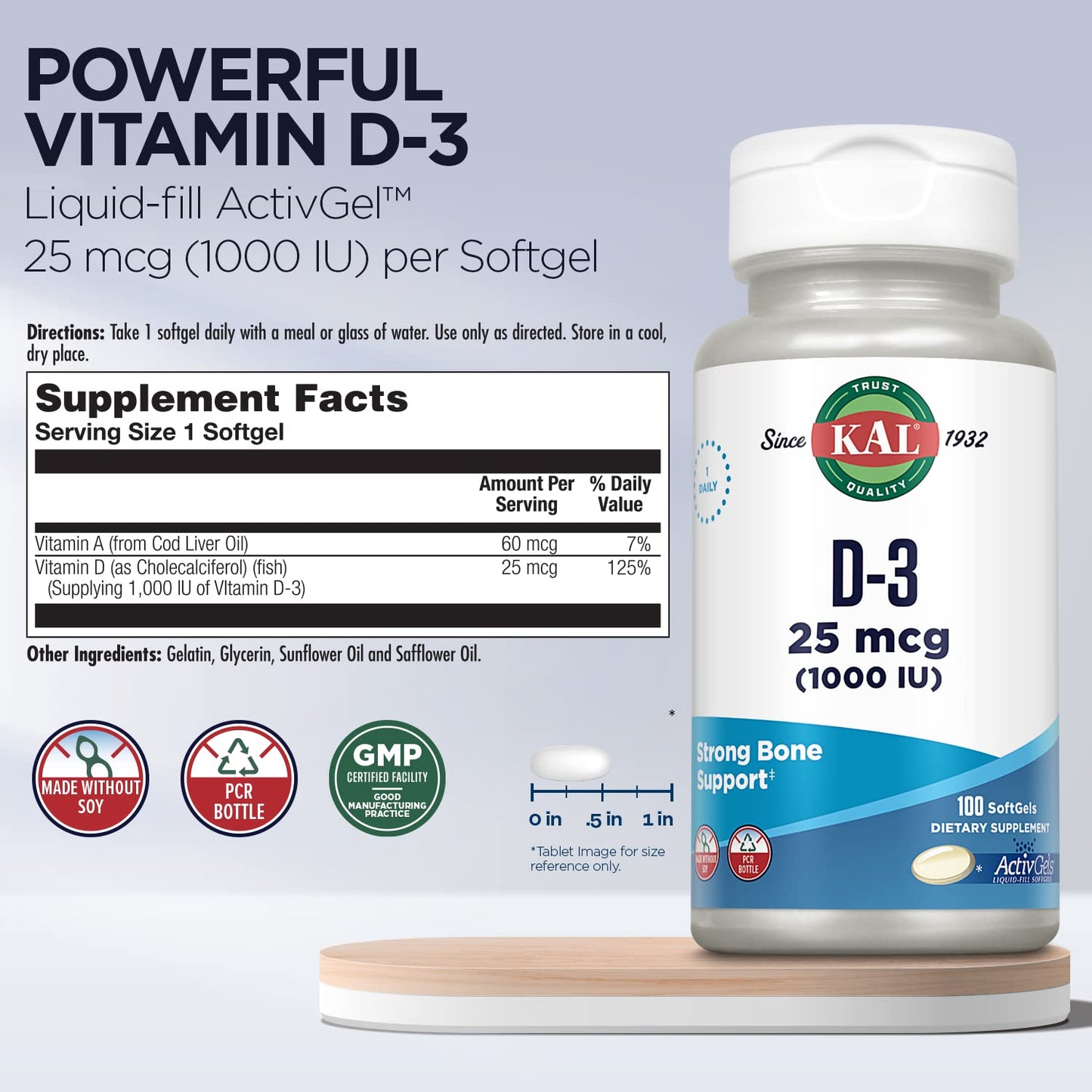 KAL Vitamin D3 1000 IU Softgels, 100 Count