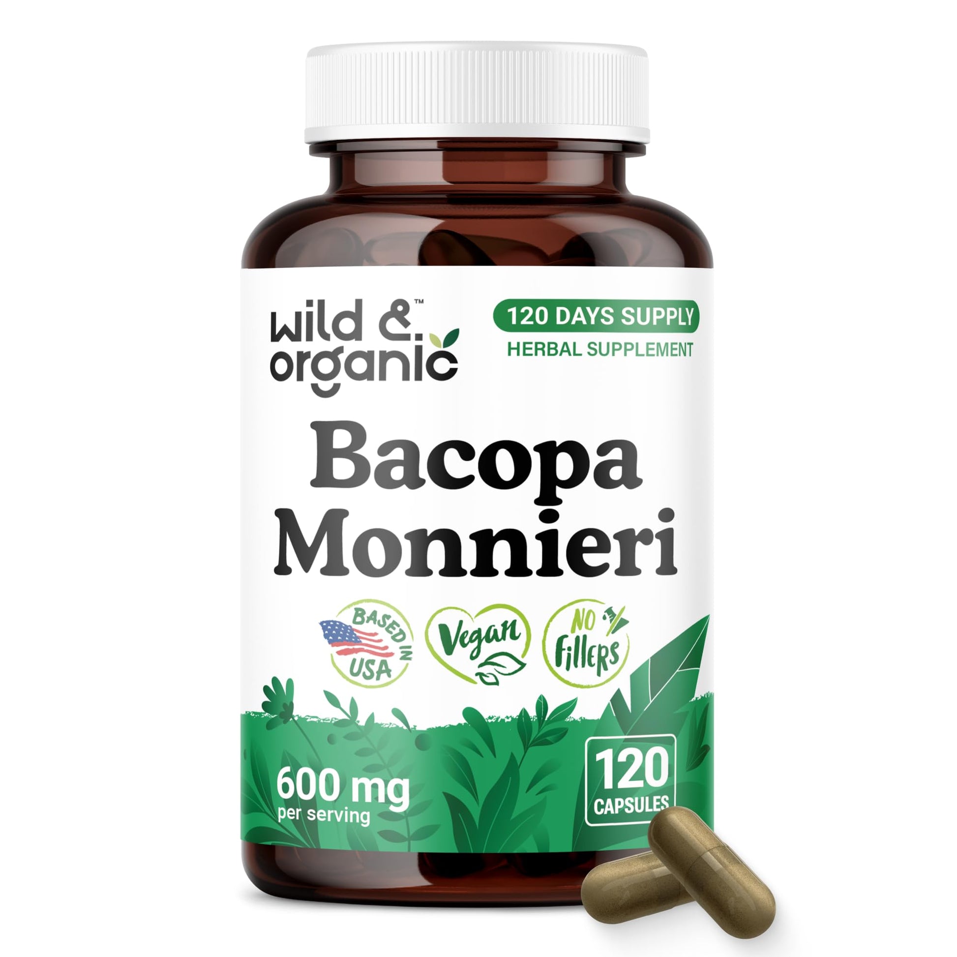 Wild & Organic Bacopa Monnieri 600 mg Capsules, 120 Count