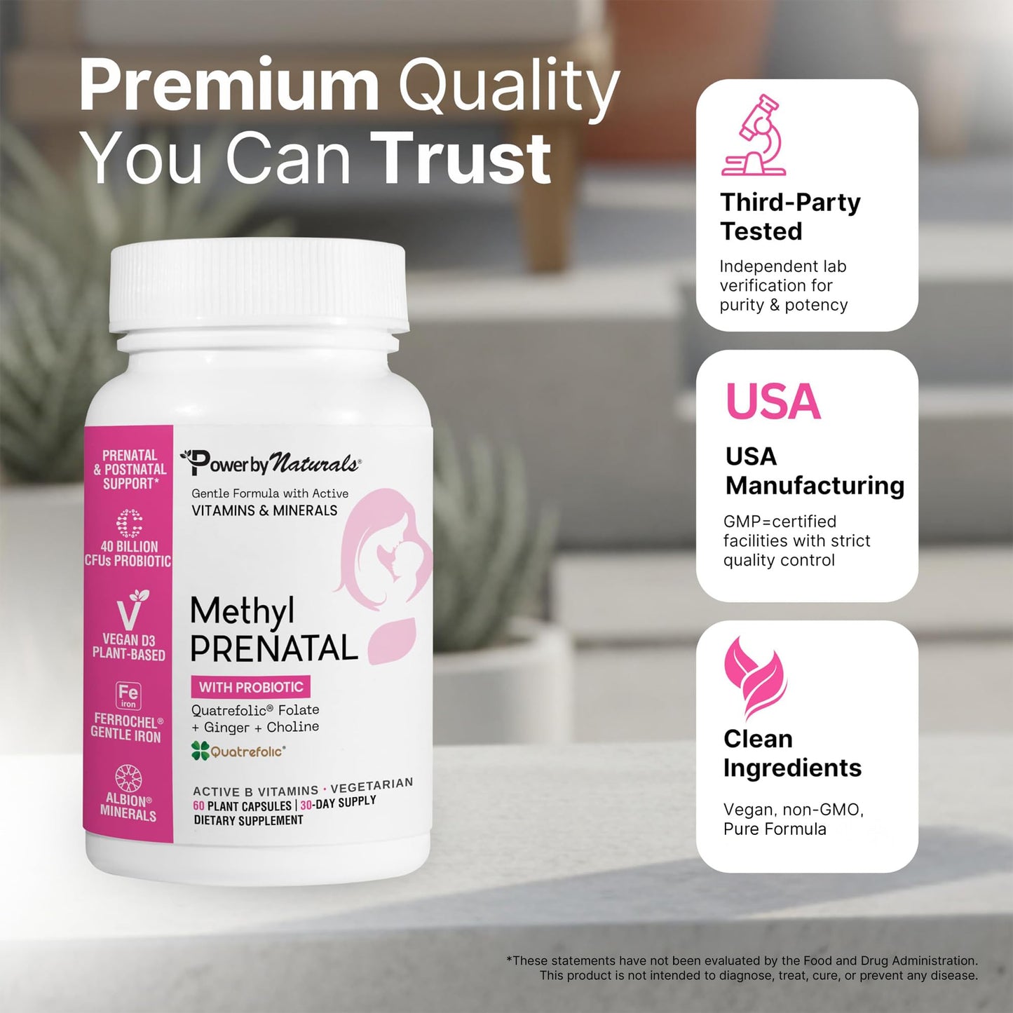 Power By Naturals Methyl Prenatal with Probiotics – Prenatal Vitamins for Women with Iron, Methyl Folate, B12 & 28 Nutrients & Botanicals – Vegan, Non-GMO, Gluten-Free 60 Capsules