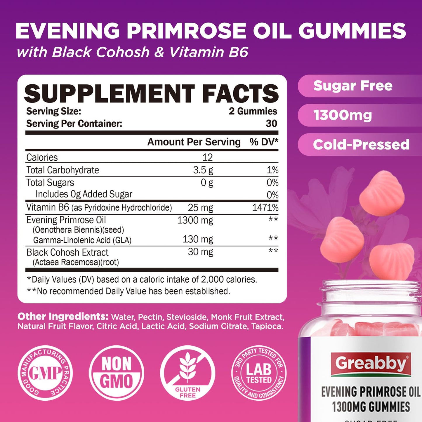 GREABBY Evening Primrose Oil Gummies 1300mg with Black Cohosh & Vitamin B6, 120 Gummies
