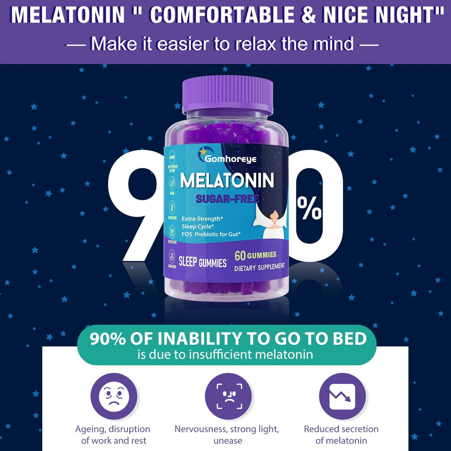Gomhoreye Melatonin Gummies for Adults, Maximum Strength, Sugar Free, 120 Gummies
