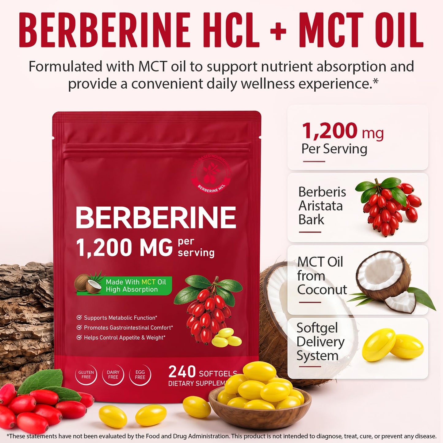 JYVGNLXS Berberine 1200mg with MCT Oil Supplement Capsules, 240