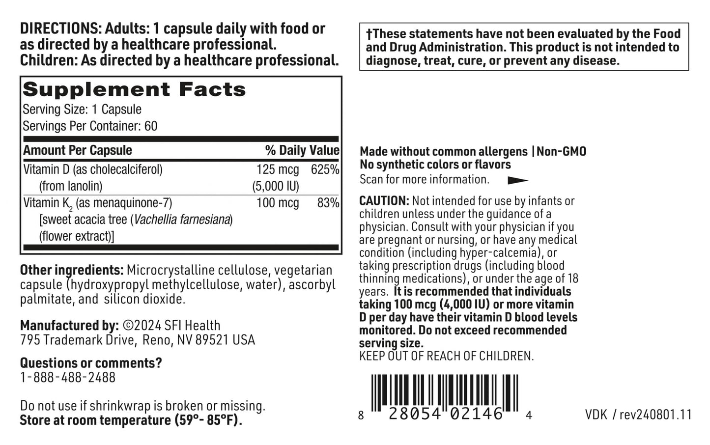 SFI Health Vitamin D Plus K - Bioavailable Vitamin K2 D3 Supplement for Bone & Immune Support Capsules 60