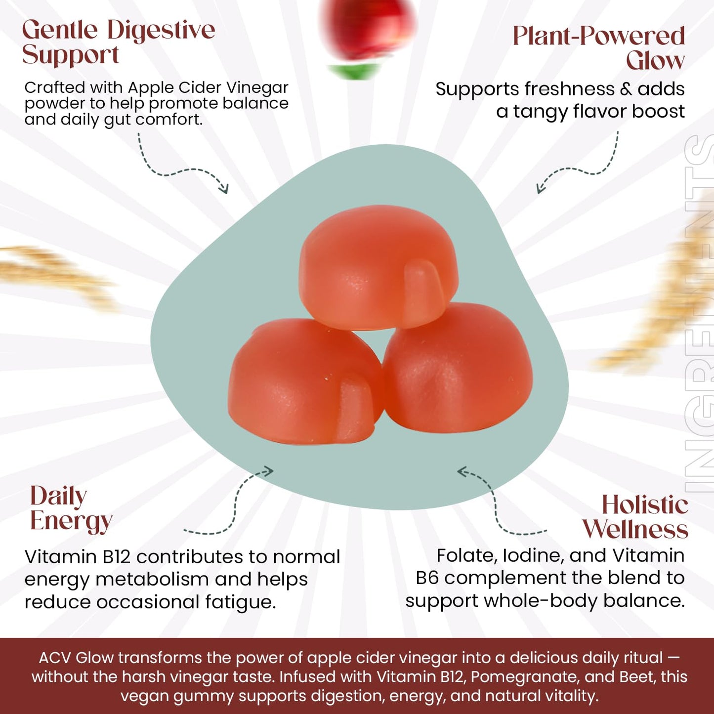 The EverÉ Natural Alchemy ACV Glow Gummies – Apple Cider Vinegar with B12, B6, Iodine, Folate, Beetroot & Pomegranate – Daily Wellness Support for Energy & Balance 60 Count