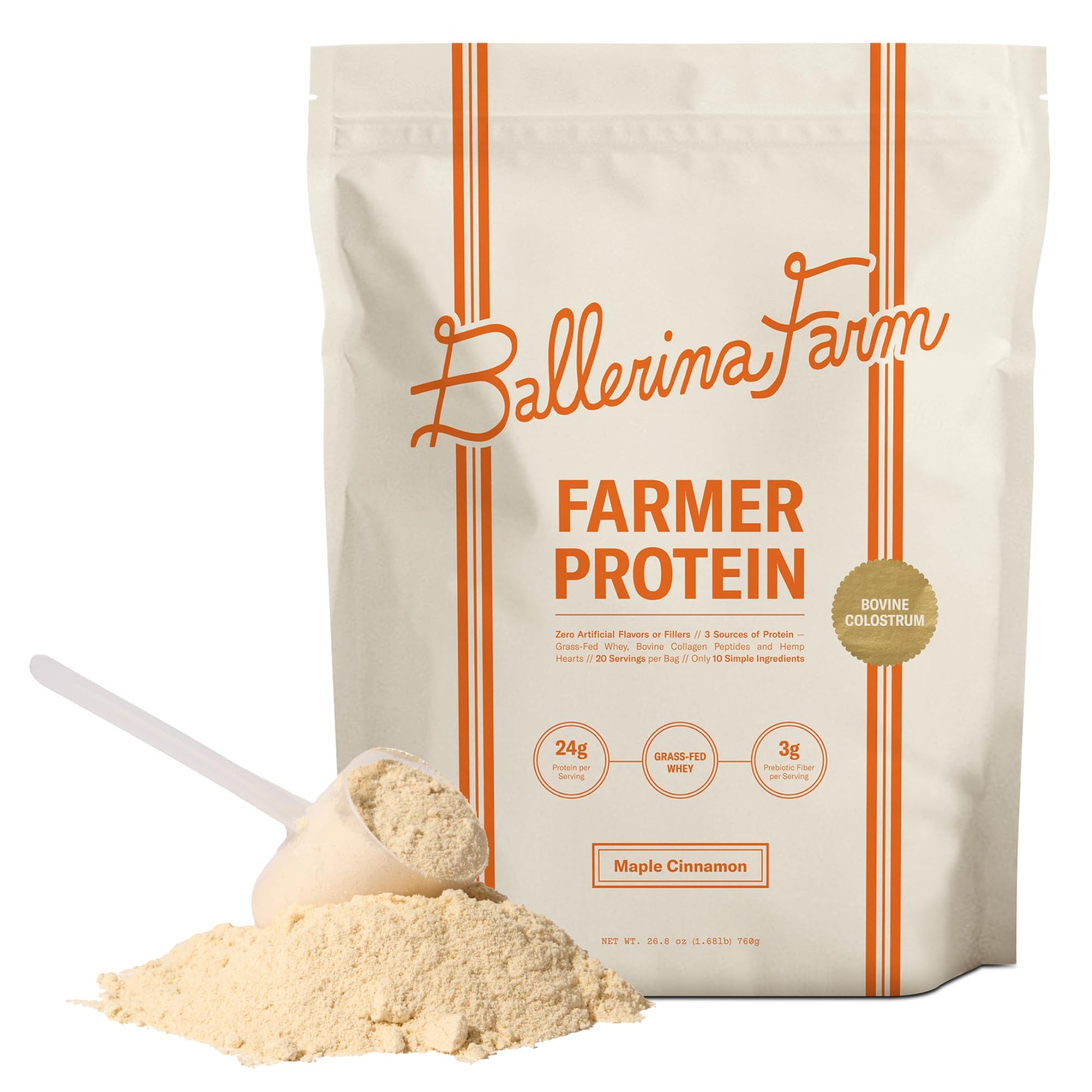 Ballerina Farm Grass Fed Whey Protein Powder, Maple Cinnamon, 24g Protein with Collagen Peptides, 20 Servings