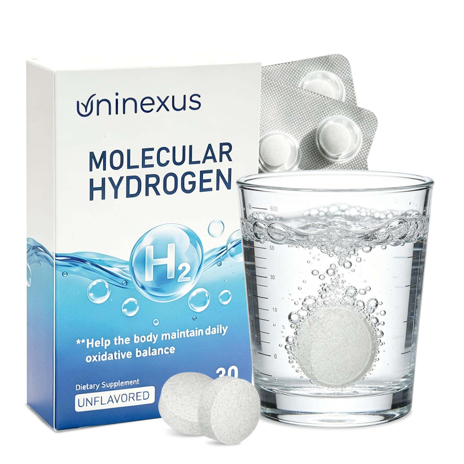 uninexus Molecular Hydrogen Tablets with Magnesium for Seniors, Women - Fast Dissolving H2 Water Tabs, 12 PPM Hydrogen-Rich Antioxidant Supplement for Energy & Post Workout Support, Tablet, 30 Count