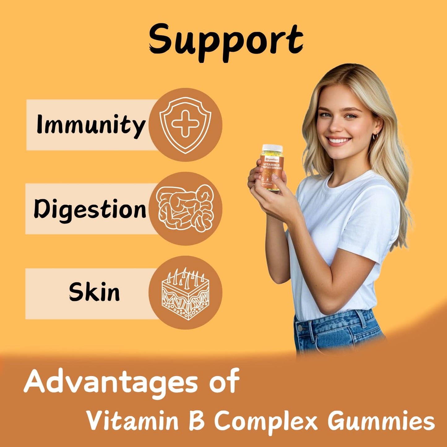 Riyuetian Vitamin B Complex Gummies with Biotin, Choline + Inositol, Vitamin C + Zinc – Supports Energy, Brain, Mood, Immune Health – Natural Mango Flavor – Vegan – 120 Gummies