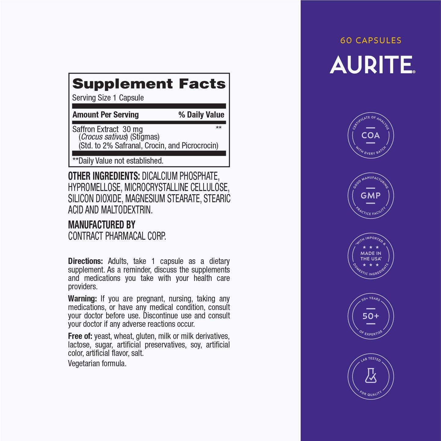 Aurite Saffron Supplement Capsule, 60 Count, 30 mg Saffron